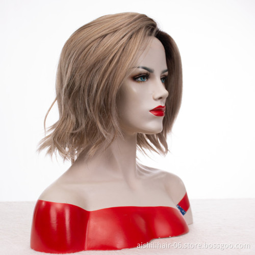 Wholesale heat resistant stort natural straight ombre light brown color  wig 8 inch synthetic hair wig for women